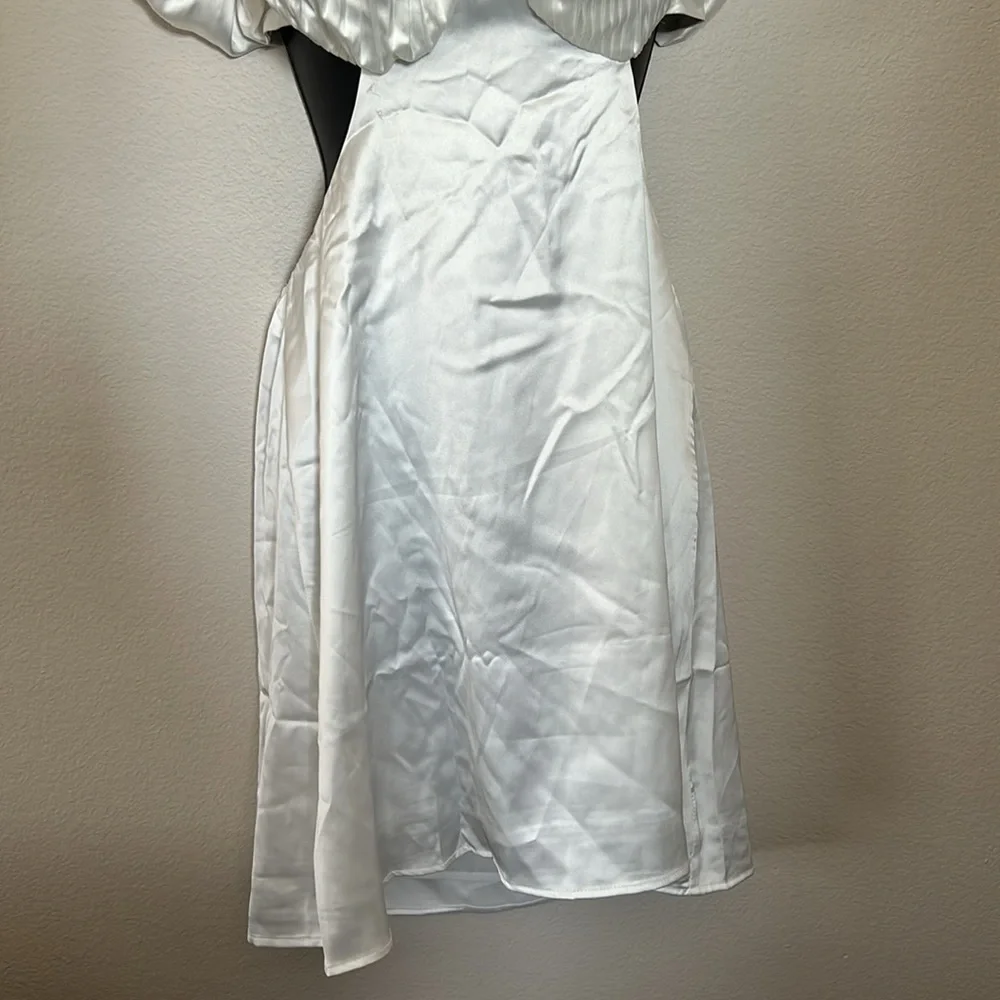 Princess Polly Cindi White Pleated Bust Puff Sleeve Tie Back Satin Mini Dress - Picture 6 of 12